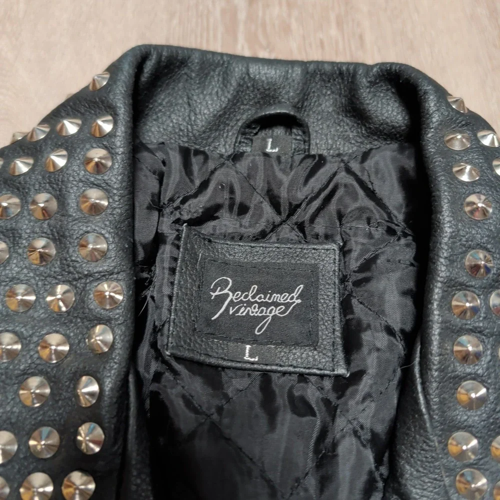 Reclaimed Vintage Studded Leather Biker Jacket Womens L Black Star Crossed Moto - Picture 4 of 11
